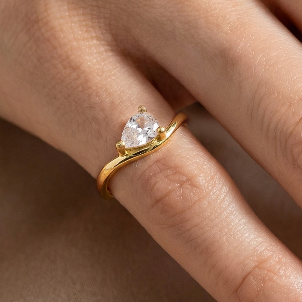 Gold Dipped Cz Pear Teardrop Wavy Pinky Ring