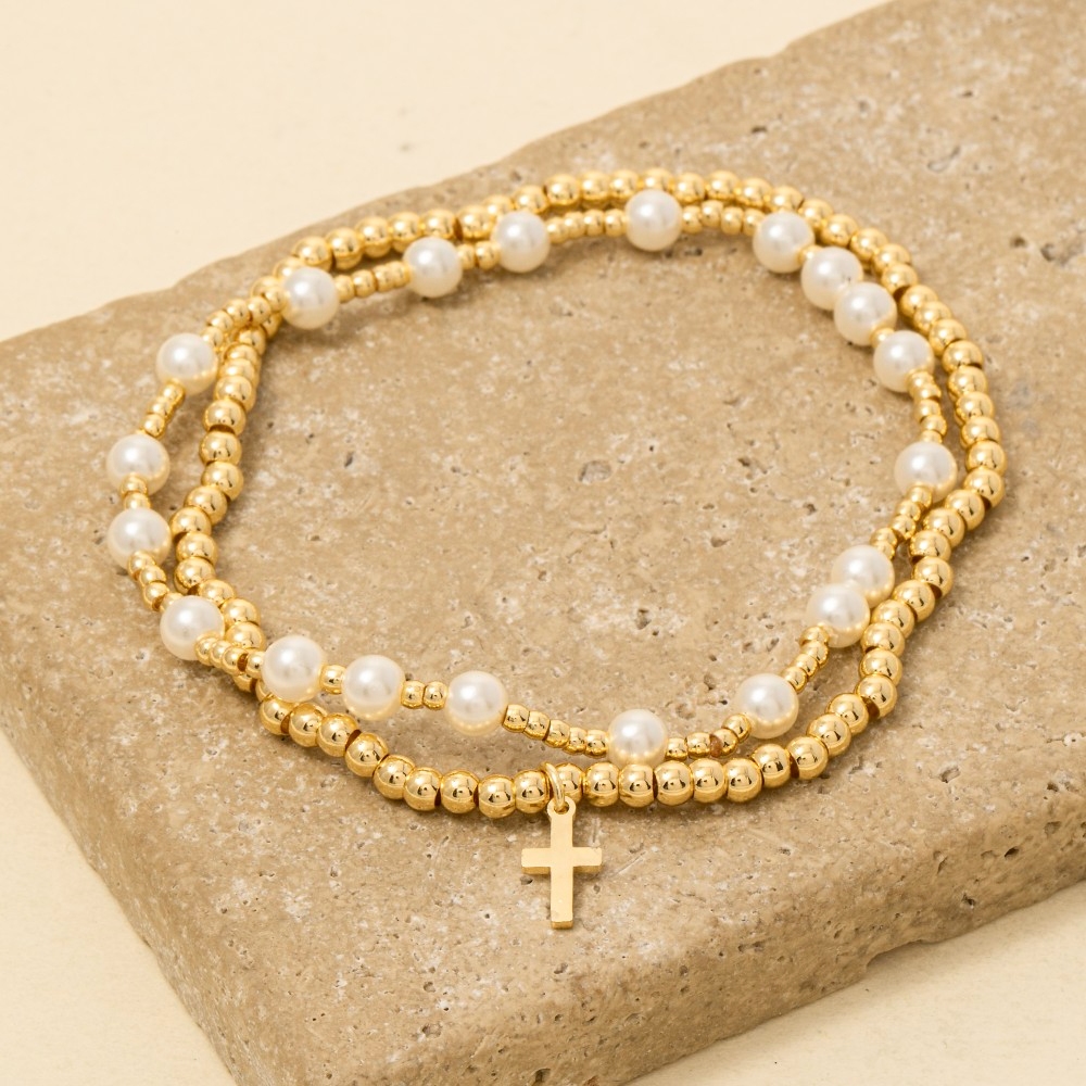 Gold Dipped Pearl Beads Cross Charm Bracelet Set