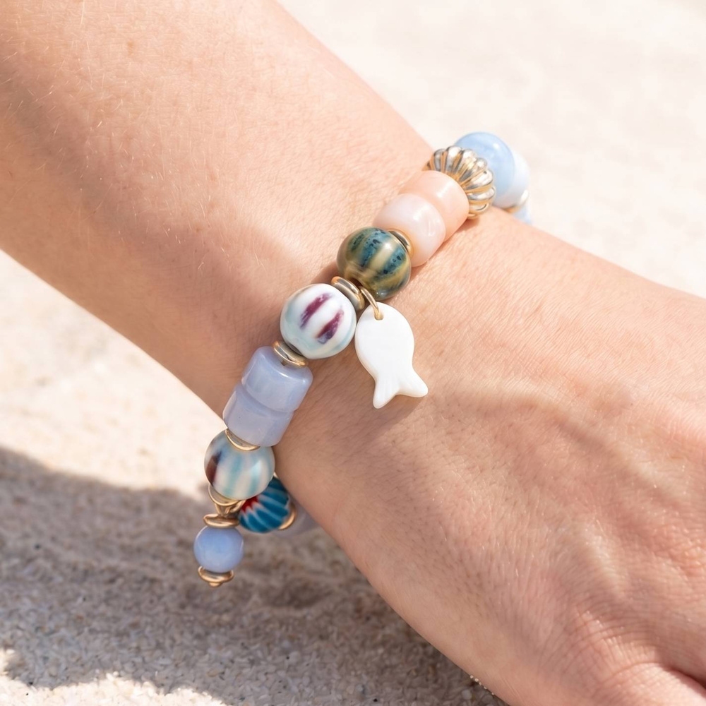 Mixed Bead Fish Charm Stretch Bracelet