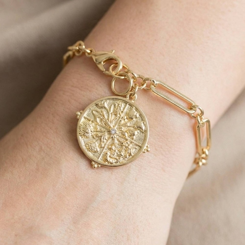 Gold Paperclip Chain Bracelet With Engraved Compass Medallion Charm