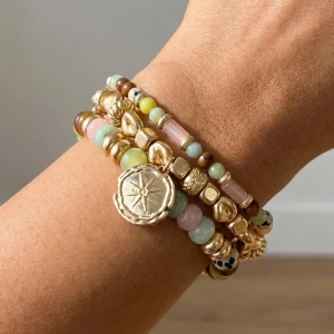 Three Strand Semi Stone Tube Bead Coin Bracelet