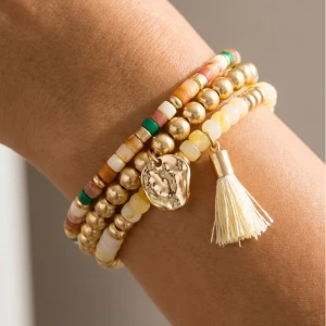 Multi Stone Tube Bead Wide Cuff Bracelet