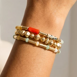 Stone Tube And Gold Bead Three Strand Bracelet