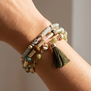 Marbled Tube Bead Tassel Bracelet Set