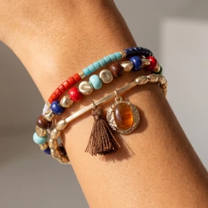Beaded Tassel Charm Stretch Bracelet Set