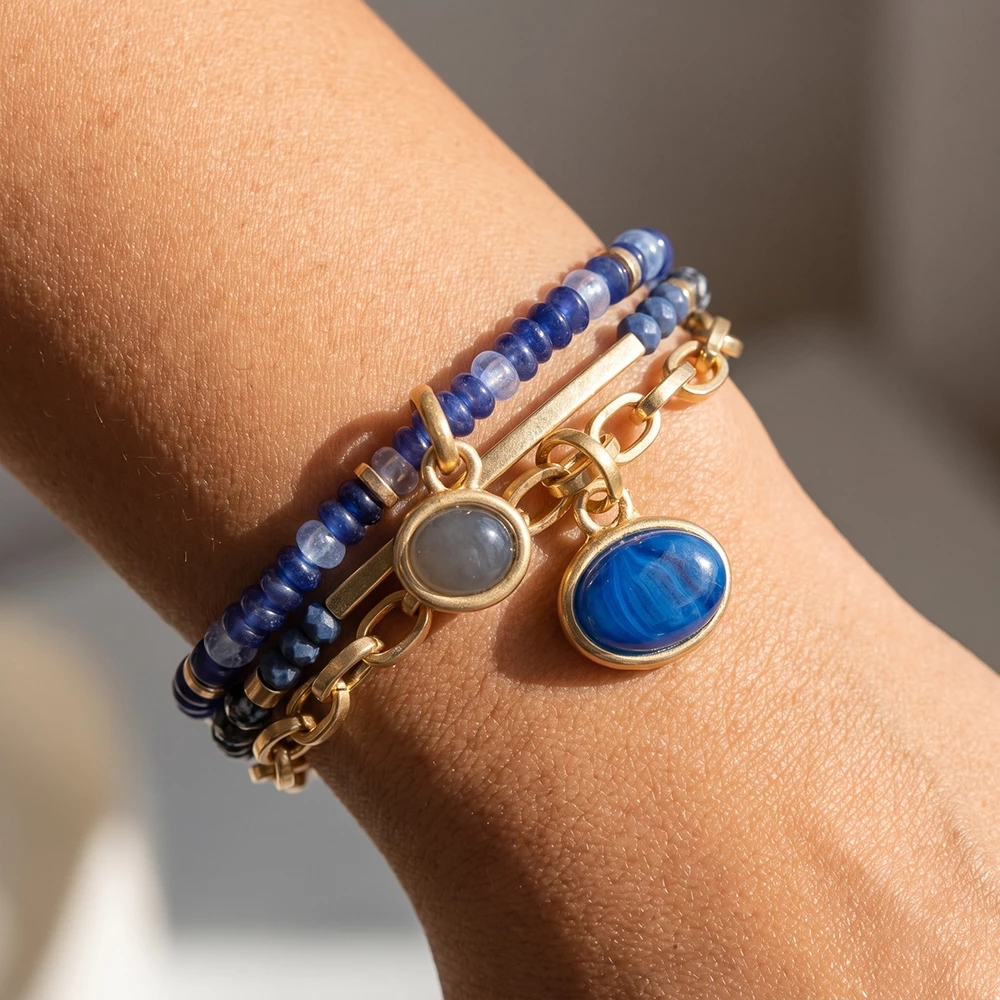 Beaded Chain Mix Stone Charm Bracelet Set