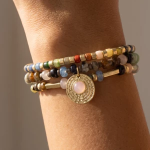 Layered Beaded Coin Charm Stretch Bracelet