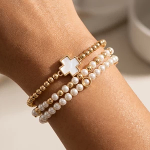 Mother Of Pearl Cross Pearl Stretch Bracelet Set