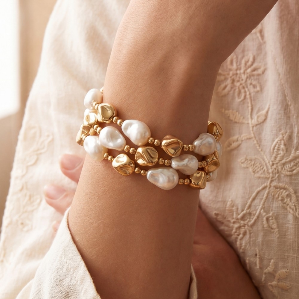Baroque Pearl And Gold Bead Layered Bracelet