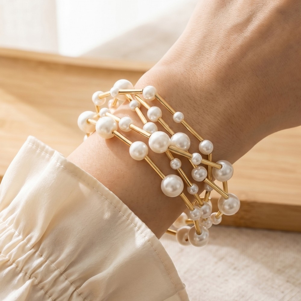 Pearl And Gold Bar Multi-Strand Bracelet