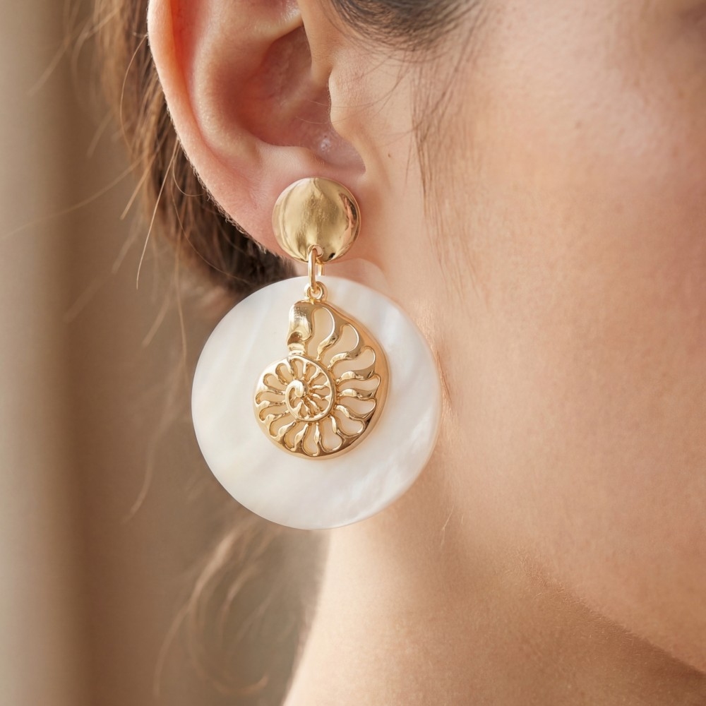 Spiral Shell And Large Disc Stud Dangle Earrings