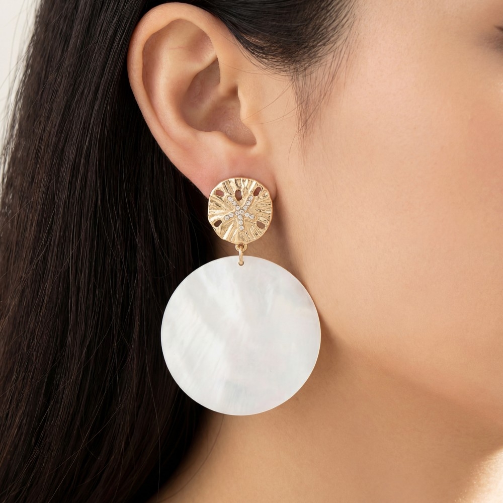 Large Mother Of Pearl Disc And Sand Dollar Stud Dangle Earrings