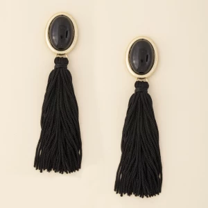 Oval Cabochon Thread Tassel Drop Earrings