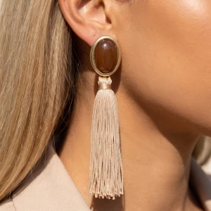Oval Cabochon Thread Tassel Drop Earrings
