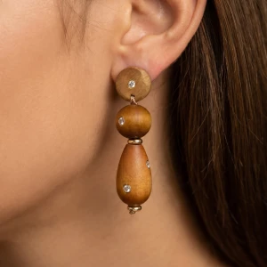 Wood Bead Drop Earrings With Crystal Accent