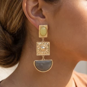Hammered Geometric Cabochon Drop Earrings