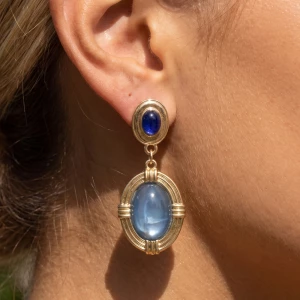 Vintage Ribbed Frame Oval Cabochon Drop Earrings