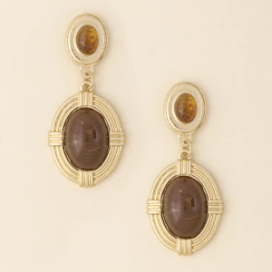 Vintage Ribbed Frame Oval Cabochon Drop Earrings