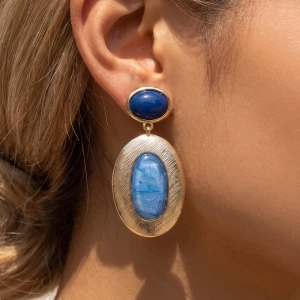 Brushed Oval Disc Cabochon Drop Earrings