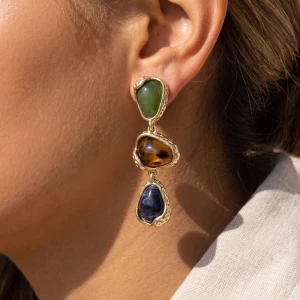 Organic Tortoise Cabochon Triple Drop Earrings