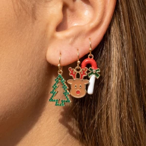 Reindeer Candy Cane Tree Dangle Christmas Earring Set
