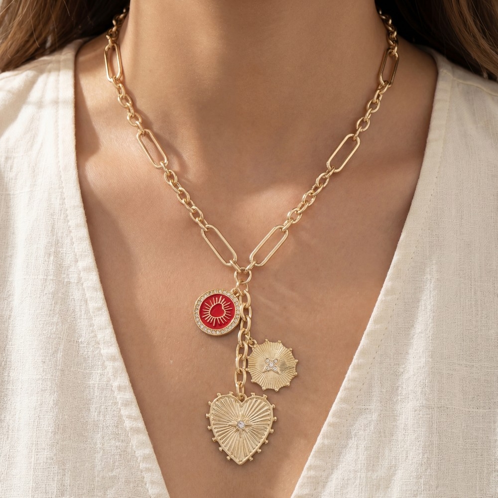 Heart And Coin Pendants Chain Necklace