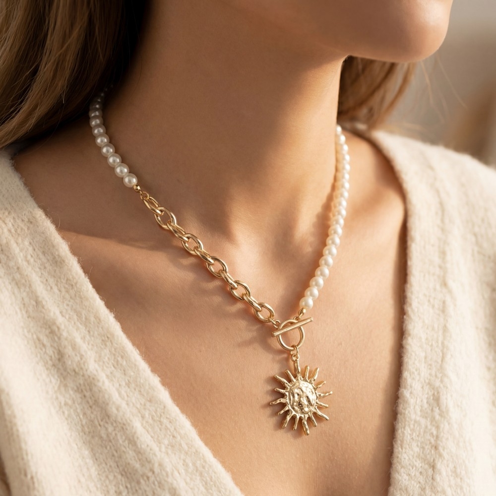 Sun Pendant Pearl And Chain Toggle Necklace