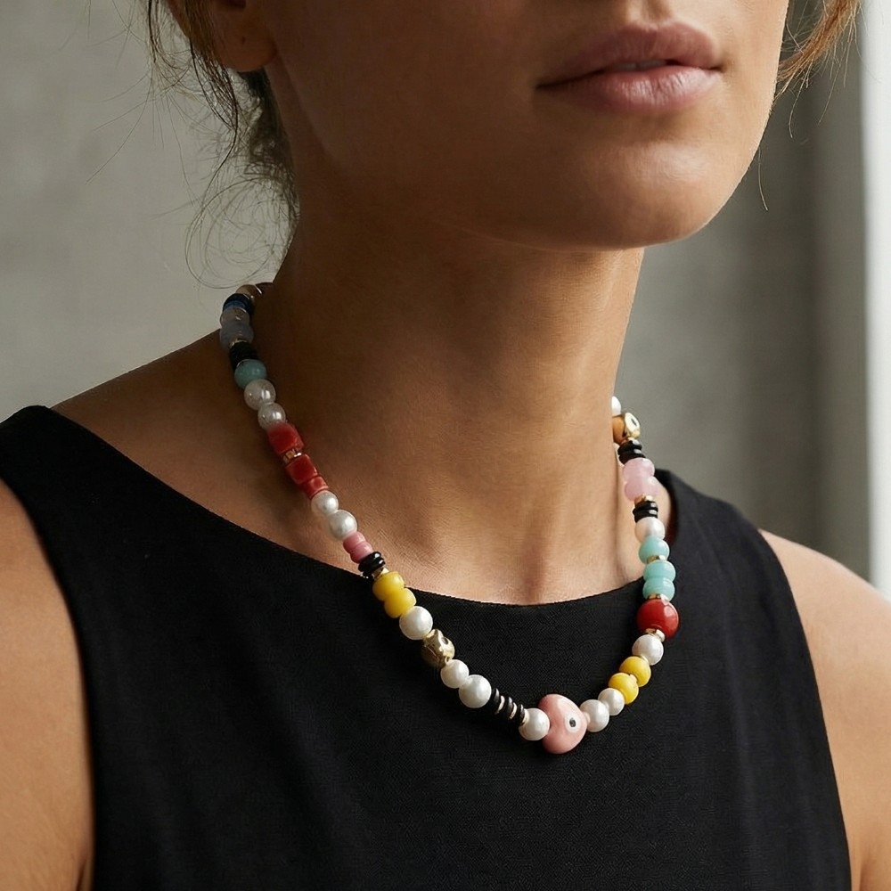 Mixed Pearl And Ceramic Beaded Necklace