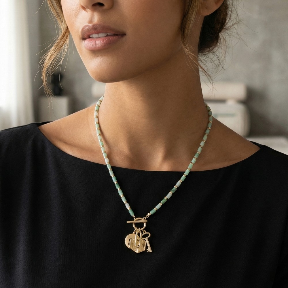 Heart Coin Lock And Key Charms Toggle Beaded Necklace