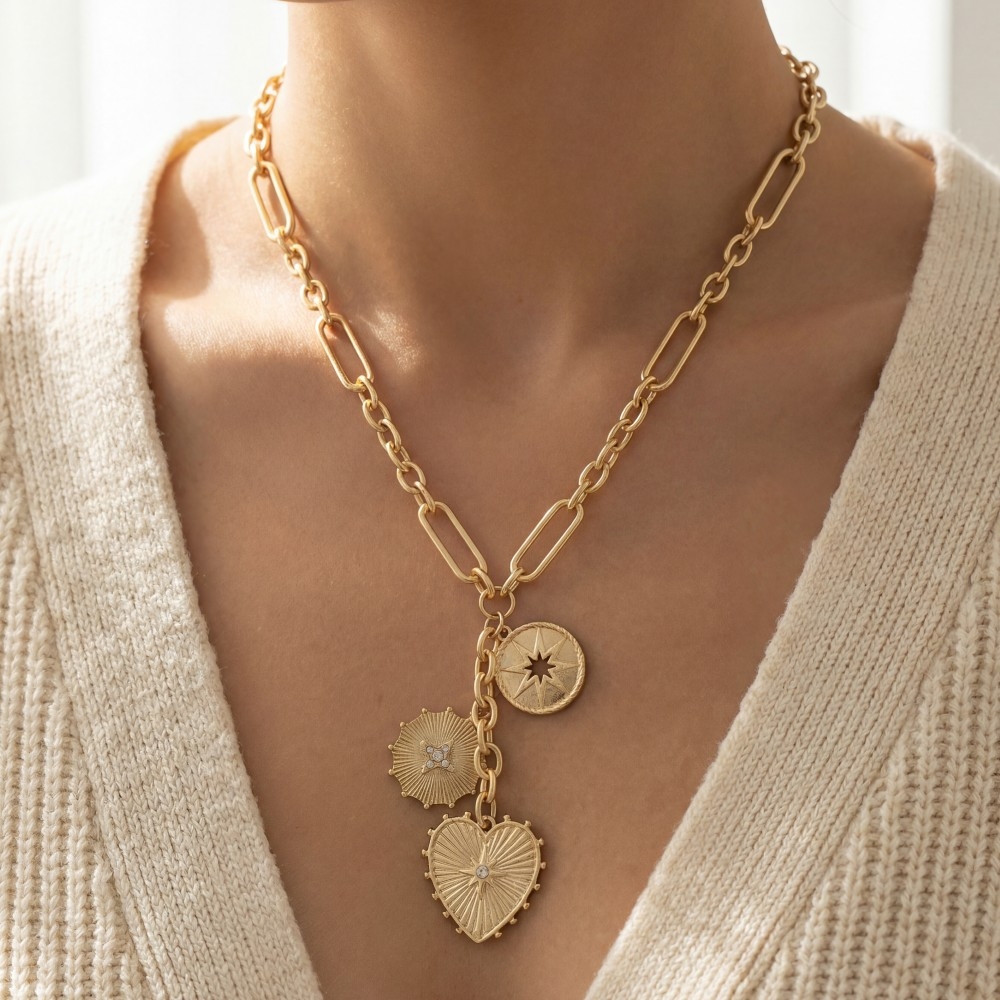 Intricate Heart And Coin Pendants Chain Necklace