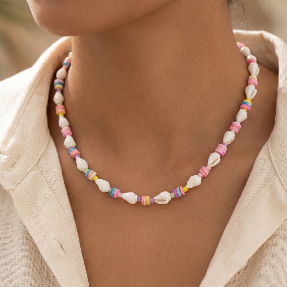 Colorful Disc And Shell Beaded Necklace