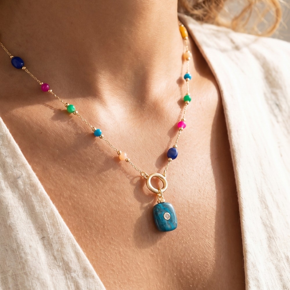 Multicolor Stone Pendant Station Necklace