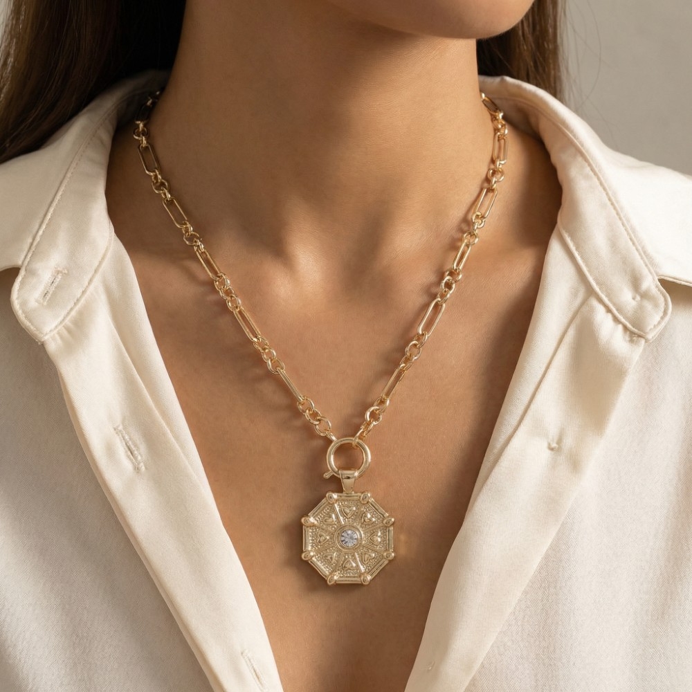 Hearts And Gem Stud Coin Pendant Necklace