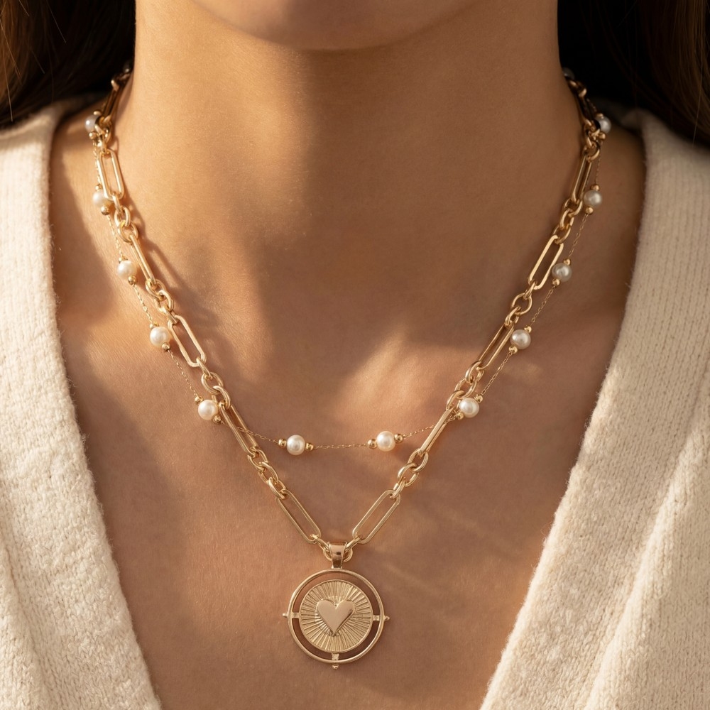 Layered Chain Heart Coin Pendant Necklace