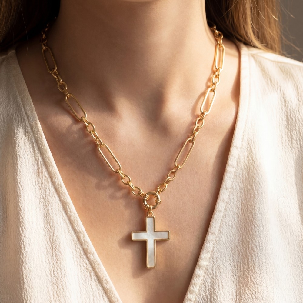 Paperclip Chain Mother Of Pearl Cross Pendant Necklace