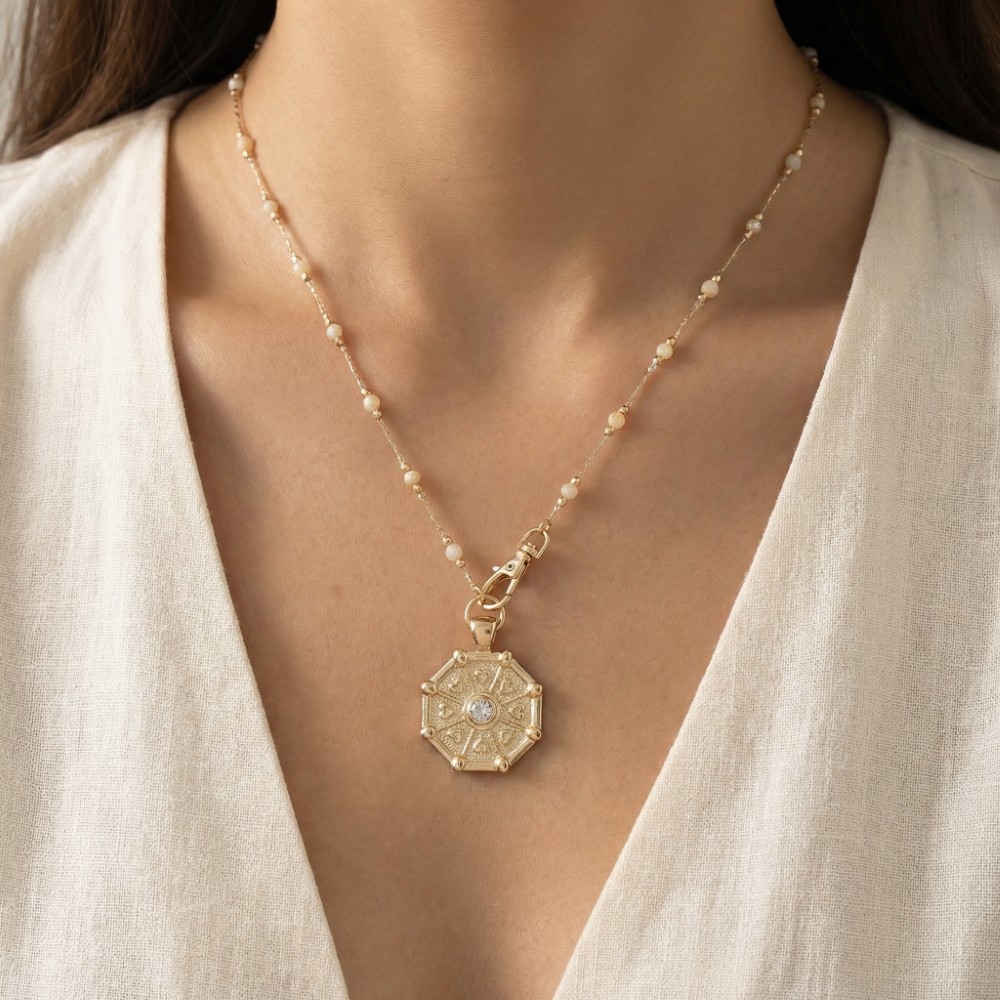 Hearts And Gem Stud Coin Pendant Station Bead Chain Necklace