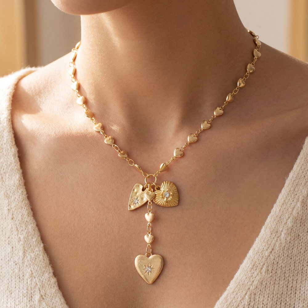 Heart Link Chain Cz Star Heart Charm Necklace