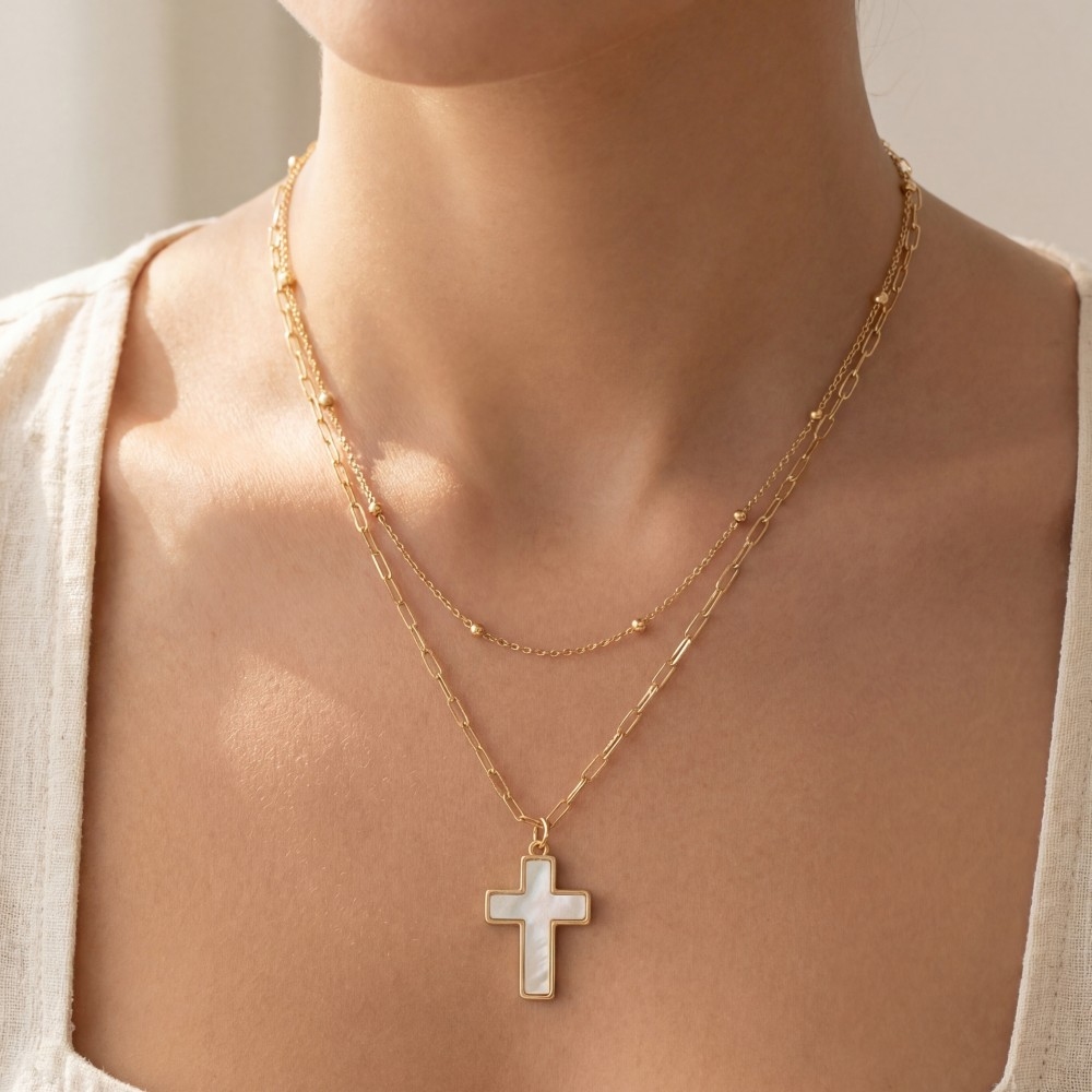 Double Layered Chain Cross Pendant Necklace