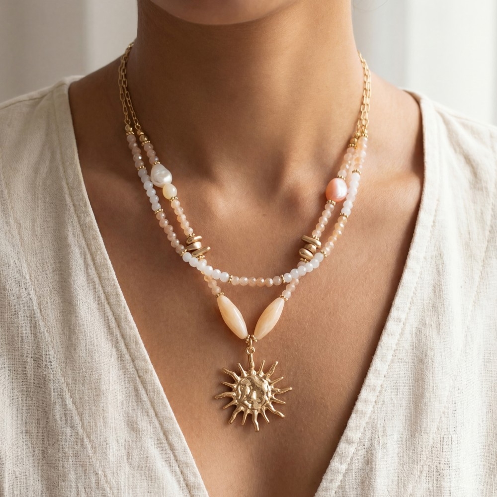 Layered Crystal & Pearl Beaded Sunburst Pendant Necklace