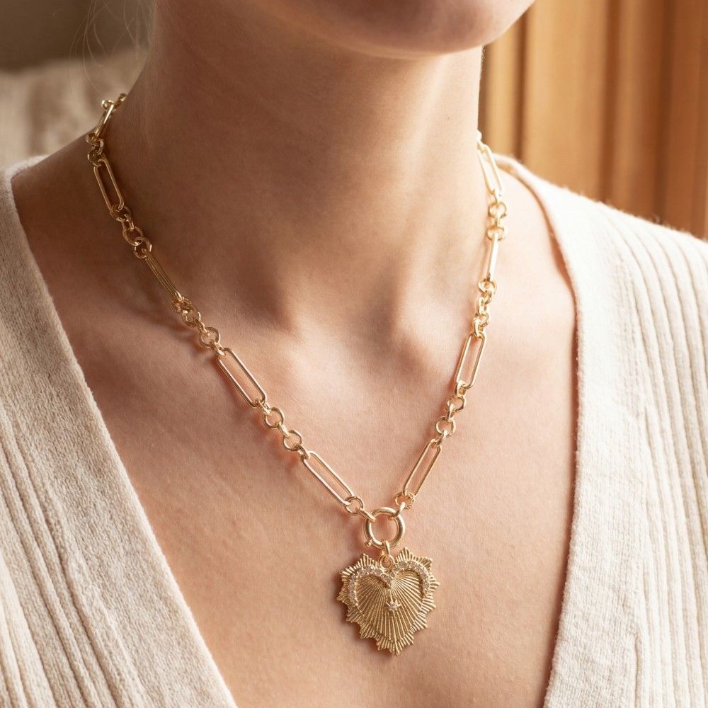 Paperclip Chain Starburst Heart Pendant Necklace