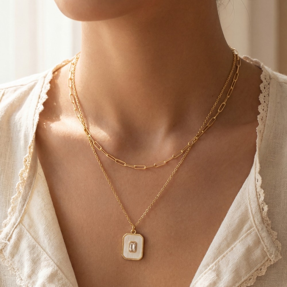 Layered Paperclip Chain Enamel Cz Rectangle Pendant Necklace