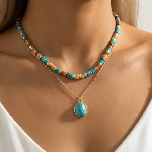 Layered Turquoise Stone Pendant And Bead Necklace