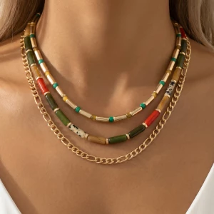Triple Strand Tube Bead And Chain Layered Necklace