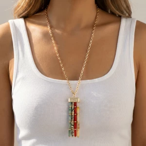 Stone Tube Bar Pendant Long Box Chain Necklace