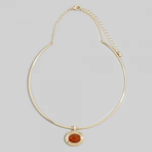 Oval Semi Stone Pendant Omega Wire Collar Necklace