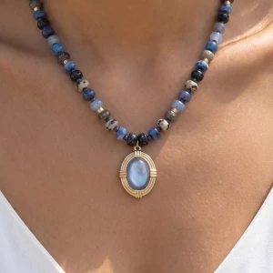 Beaded Necklace With Framed Oval Cabochon