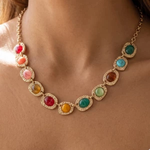 Textured Frame Cabochon Mini Statement Necklace