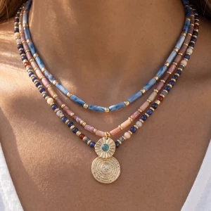 Layered Semi Precious Bead Sunburst Medallion Necklace