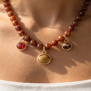 Knotted Round Bead Necklace With Cabochon Charms