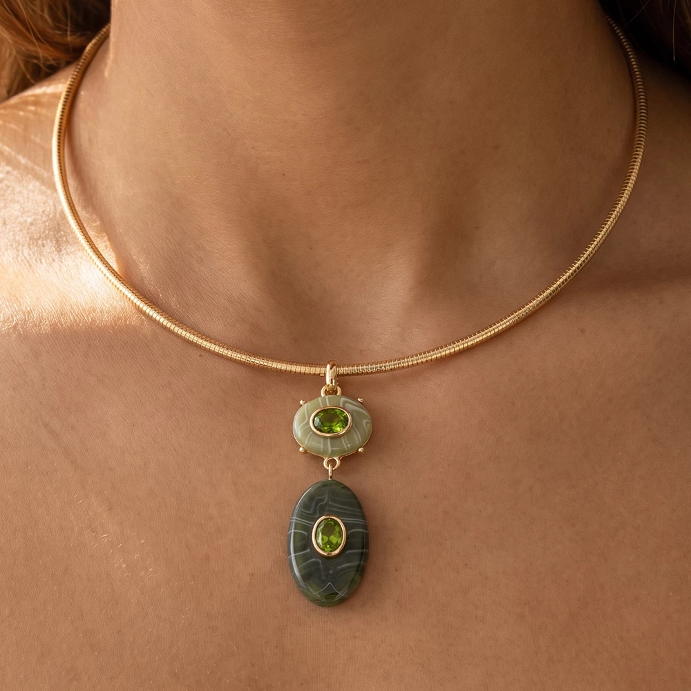 Marbled Oval Cabochon Pendant Snake Chain Necklace